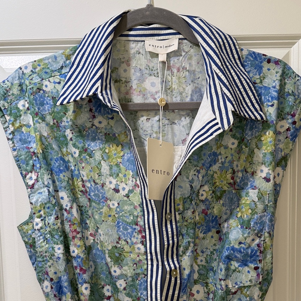 entro Blue and Green Floral Midi Dress with Striped Trim - Picture 2 of 5